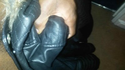 Her leather jacket on my cock.