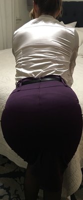 white satin blouse, no bra, purple satin pencil skirt, black silk thigh highs, purple satin full back tanga panties....PERFECT!