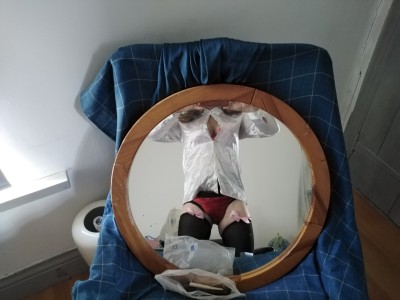 White satin blouse and red satin panties