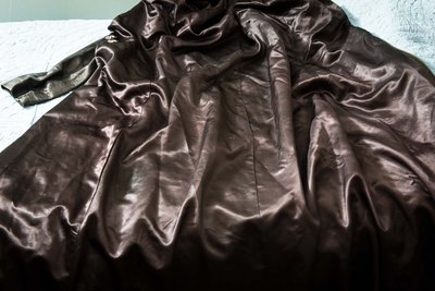 Heavy acetate satin from the 1950s/60s with a warm tint -inside a zip up slim fit leather coat-